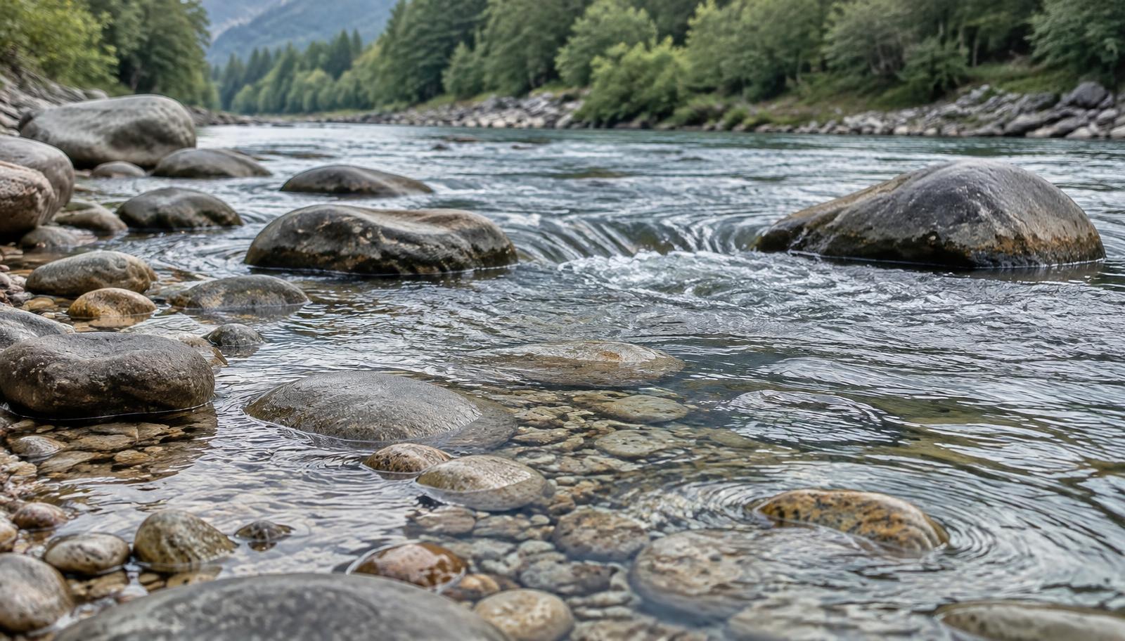 A shallow river flowing over smooth rocks and pebbles in soft daylight